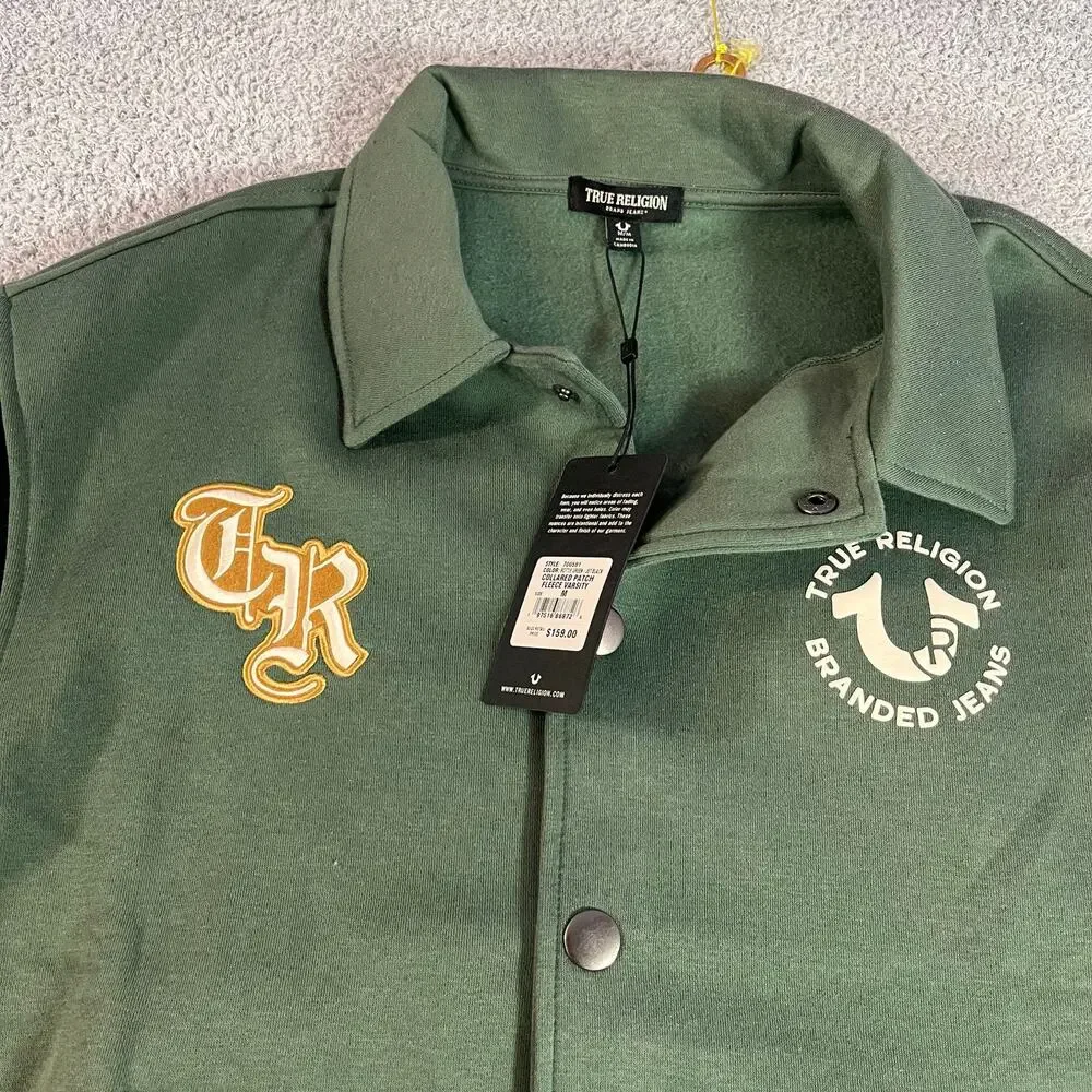 NEW True religion collared patch varsity fleece sz M green and black Buddha NWT